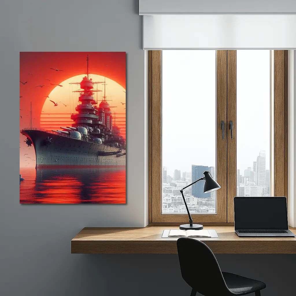 Battleship Warship Red Sunset Ocean Art – Wall Art