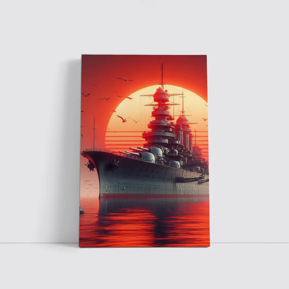 Battleship Warship Red Sunset Ocean Art – Wall Art