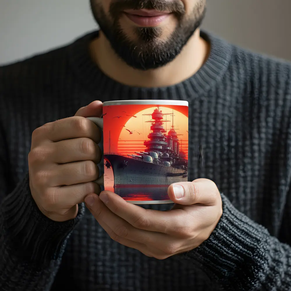 Battleship Warship Red Sunset Ocean Art – Mugs