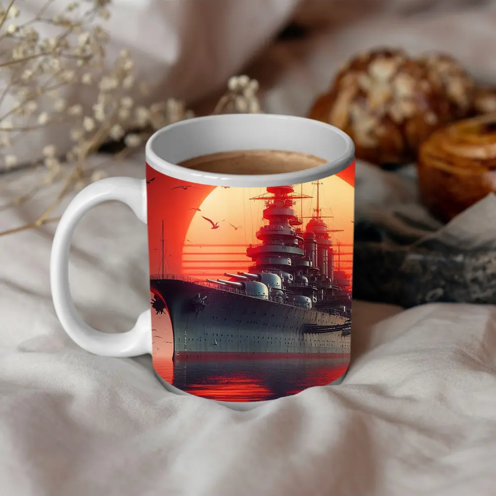 Battleship Warship Red Sunset Ocean Art – Mugs