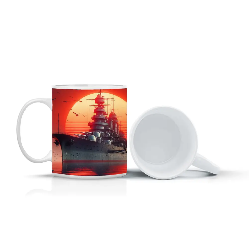Battleship Warship Red Sunset Ocean Art – Mugs