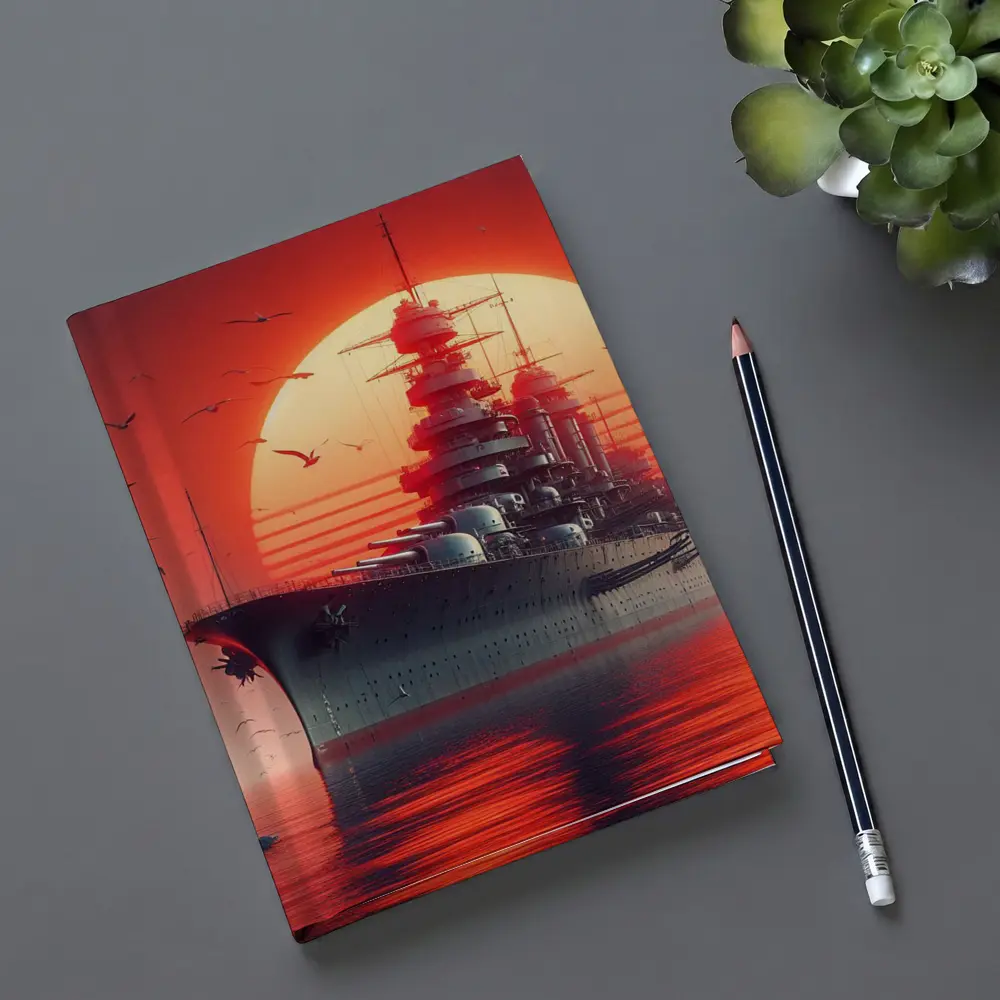 Battleship Warship Red Sunset Ocean Art – Notebooks