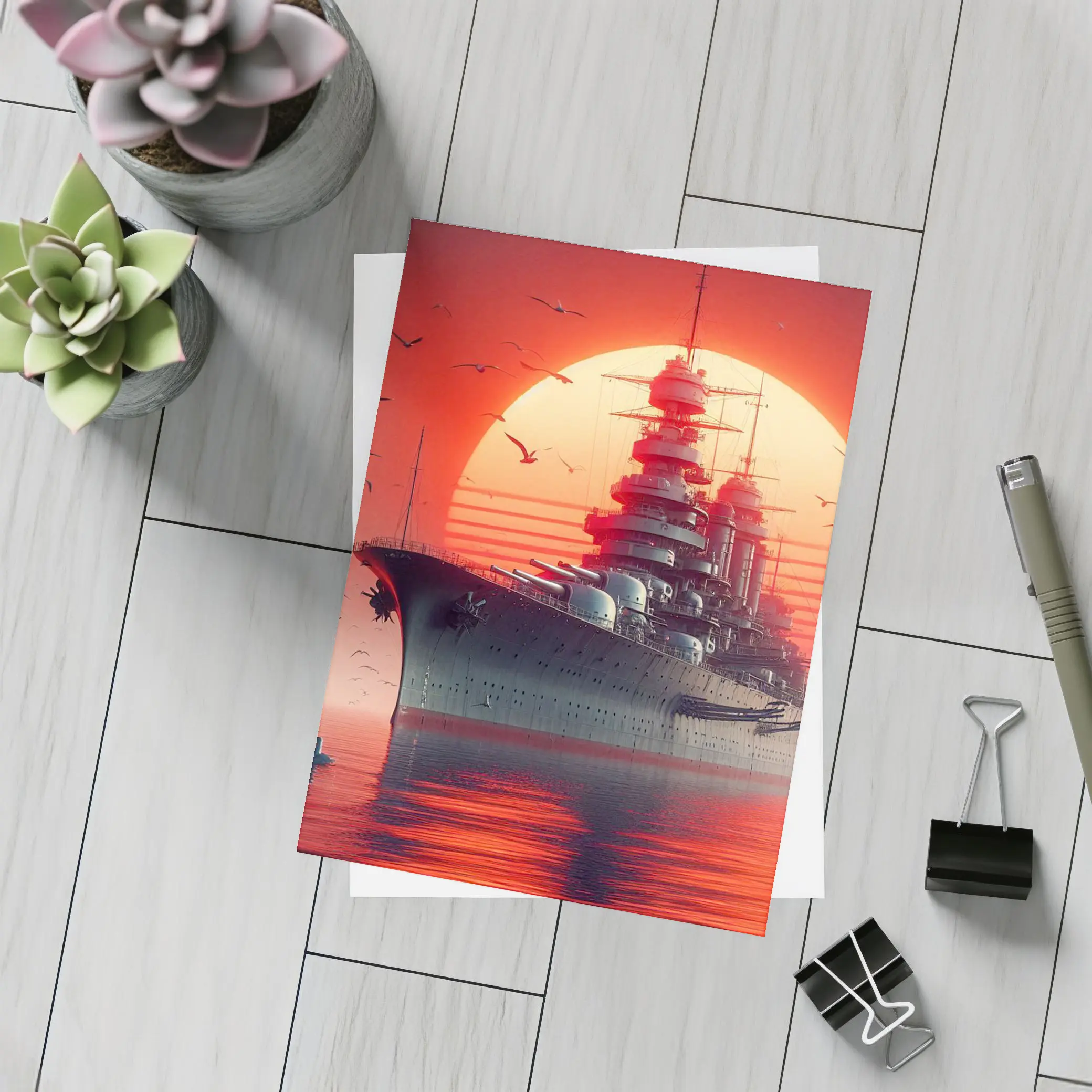 Battleship Warship Red Sunset Ocean Art – Postcards