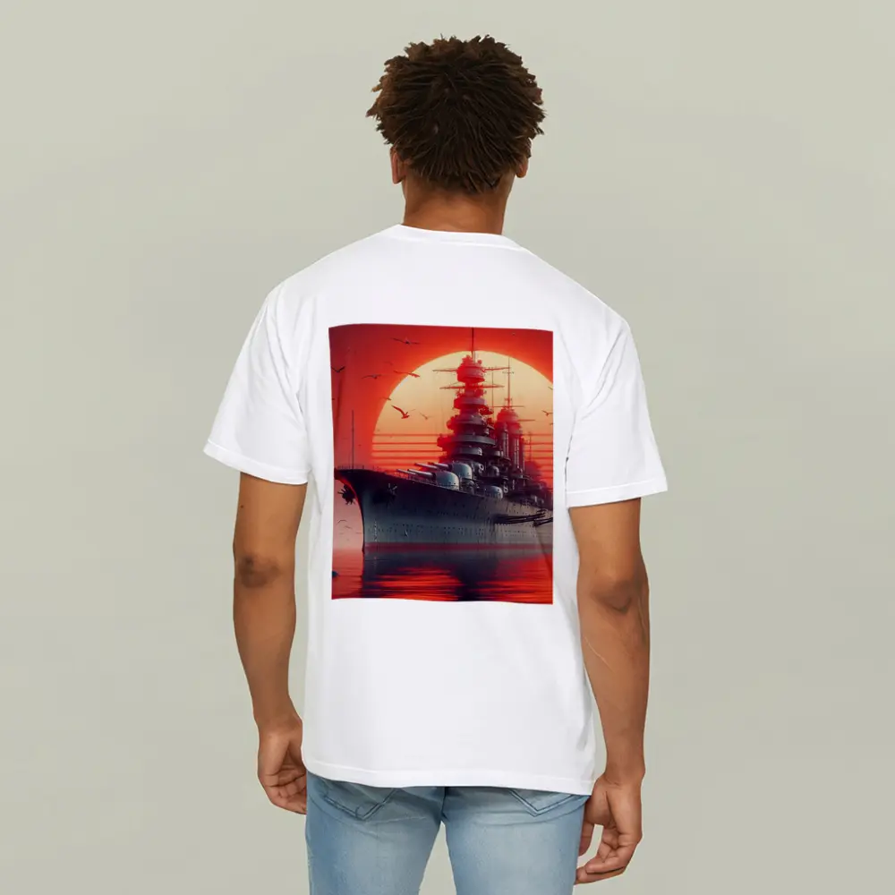 Battleship Warship Red Sunset Ocean Art – T-Shirts