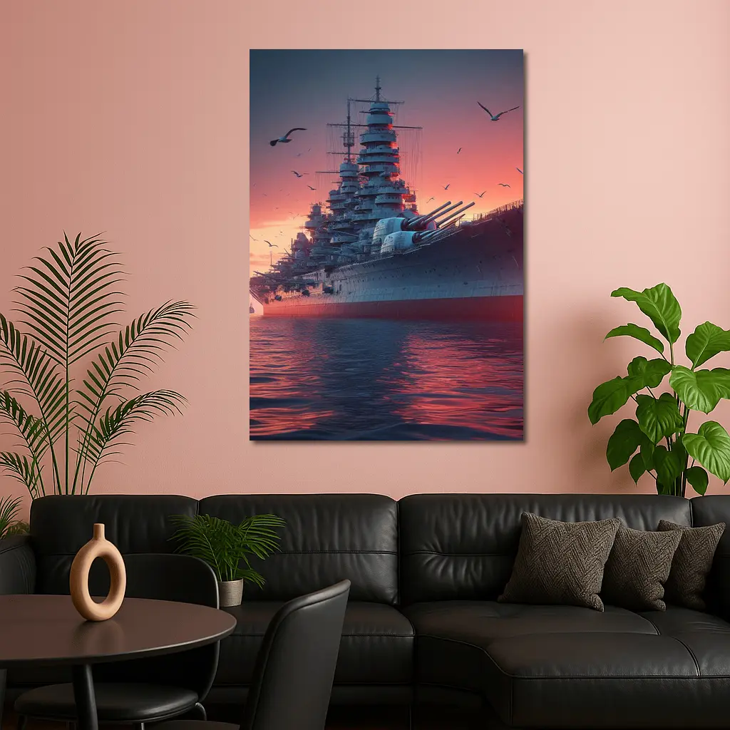 Battleship Warship Red Sunset Ocean Scene – Wall Art
