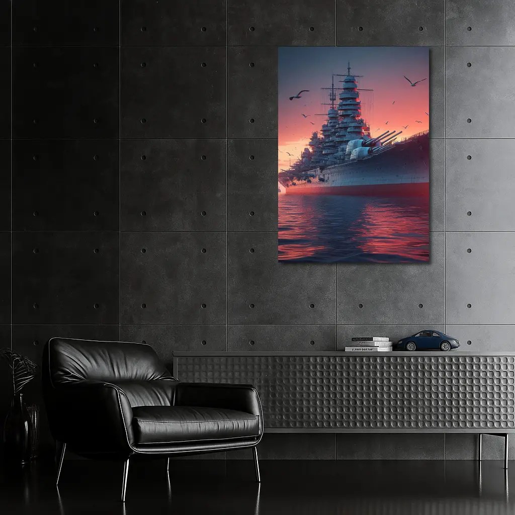 Battleship Warship Red Sunset Ocean Scene – Wall Art