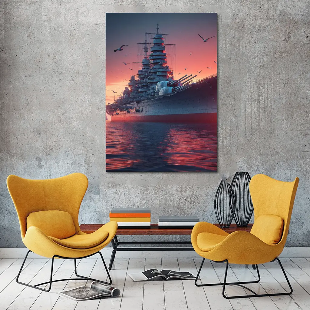 Battleship Warship Red Sunset Ocean Scene – Wall Art
