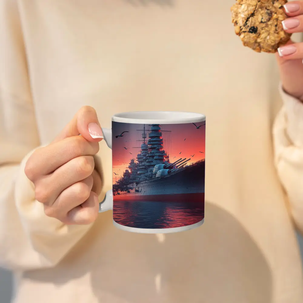 Battleship Warship Red Sunset Ocean Scene – Mugs