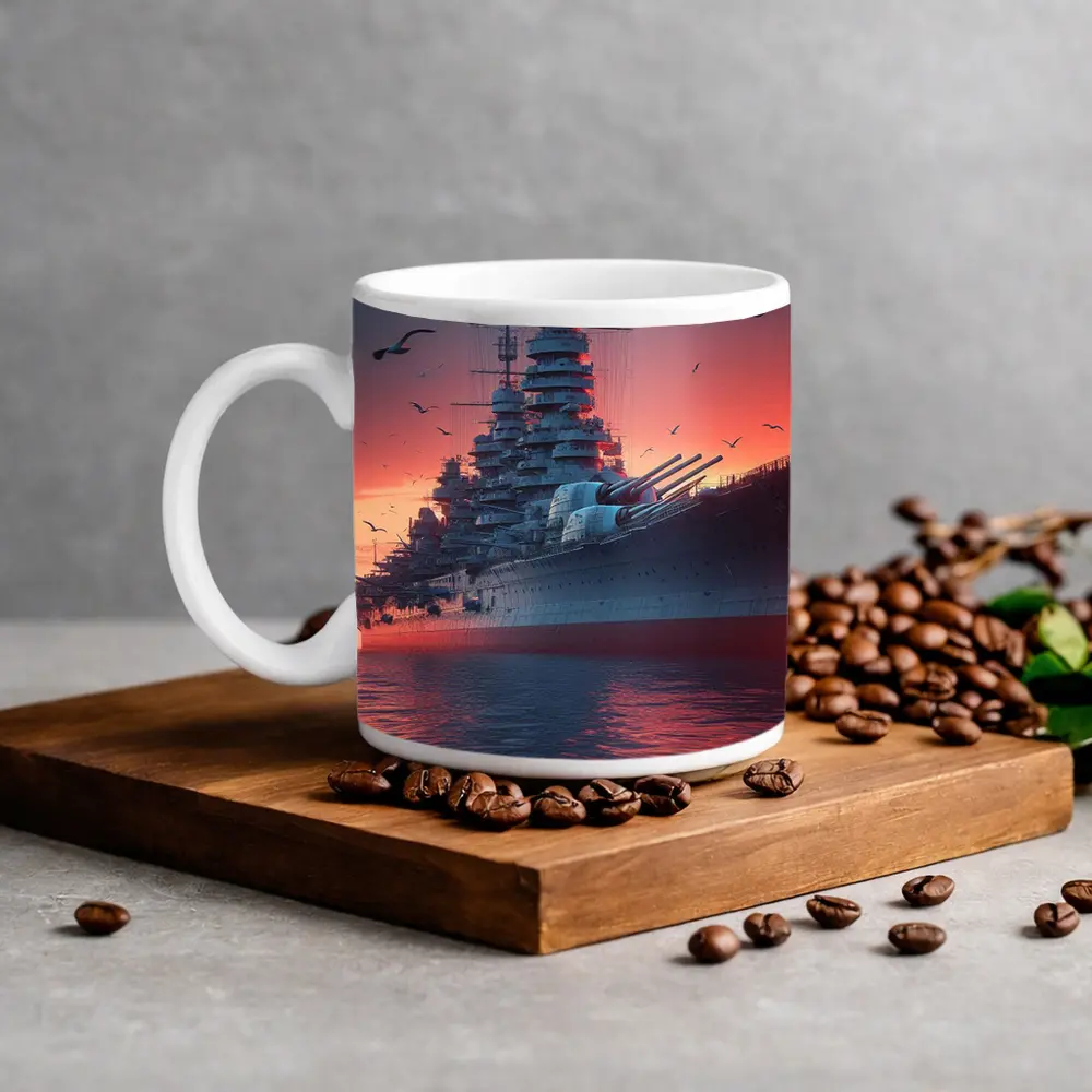 Battleship Warship Red Sunset Ocean Scene – Mugs