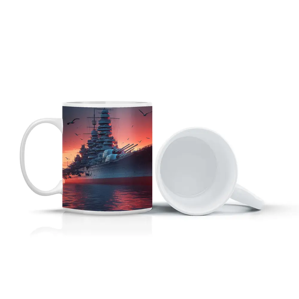 Battleship Warship Red Sunset Ocean Scene – Mugs