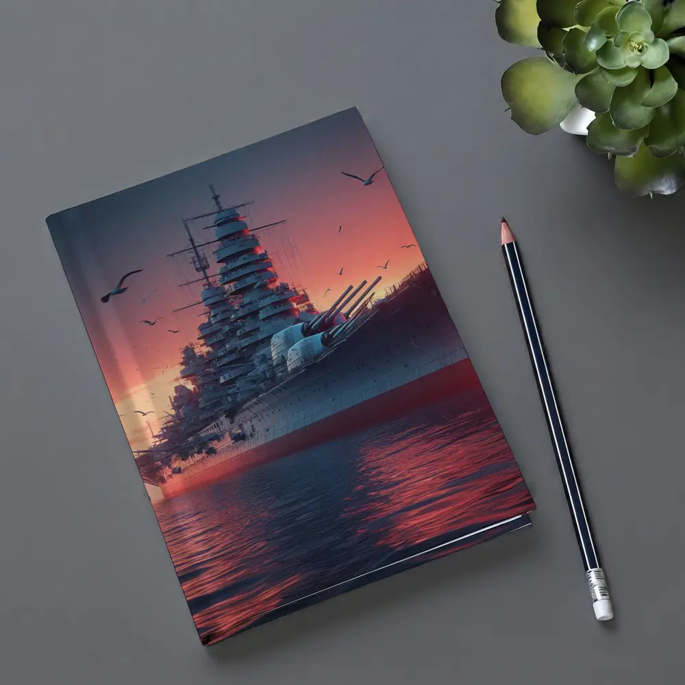 Battleship Warship Red Sunset Ocean Scene – Notebooks