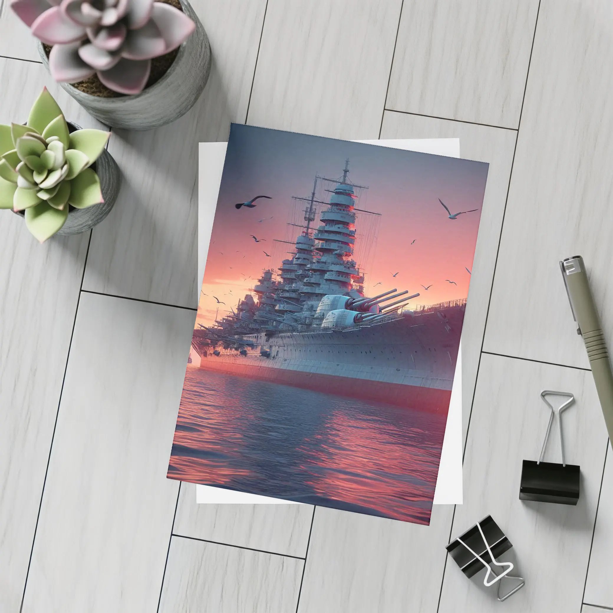 Battleship Warship Red Sunset Ocean Scene – Postcards