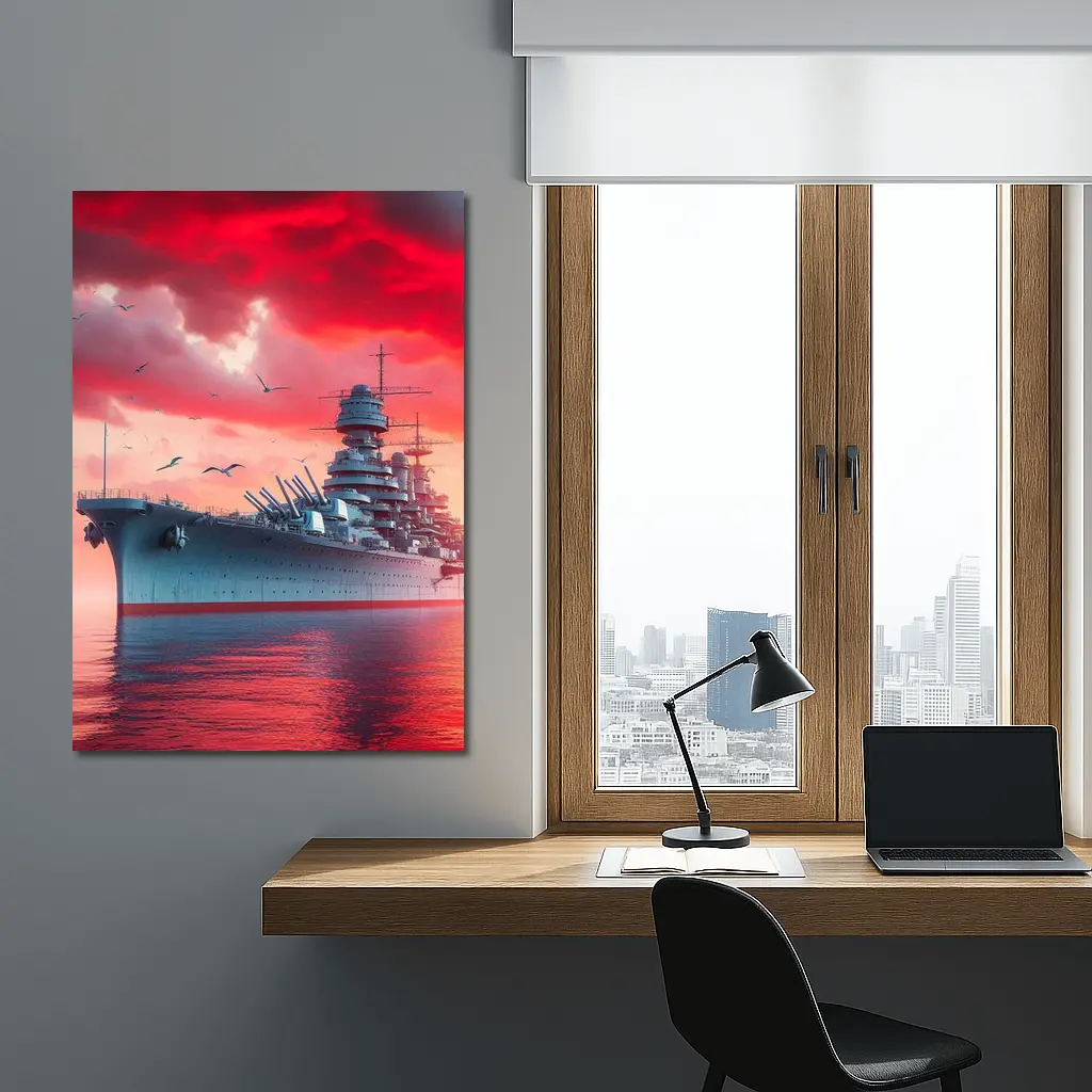 Battleship Warship Red Sky Military Art – Wall Art