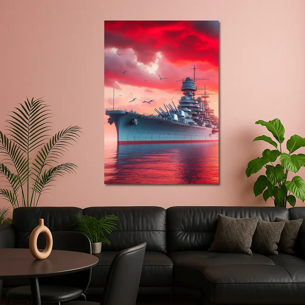 Battleship Warship Red Sky Military Art – Wall Art