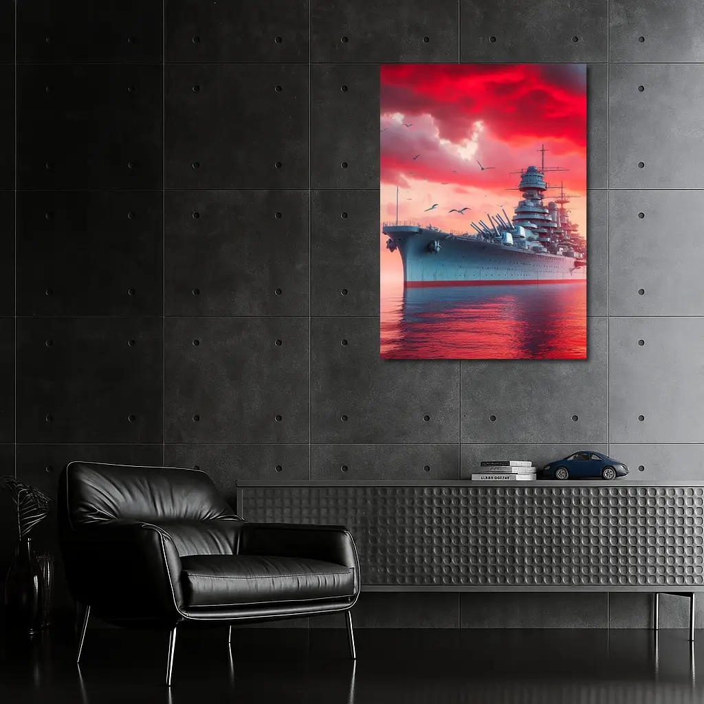 Battleship Warship Red Sky Military Art – Wall Art