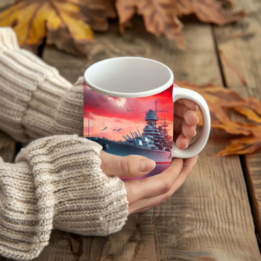 Battleship Warship Red Sky Military Art – Mugs