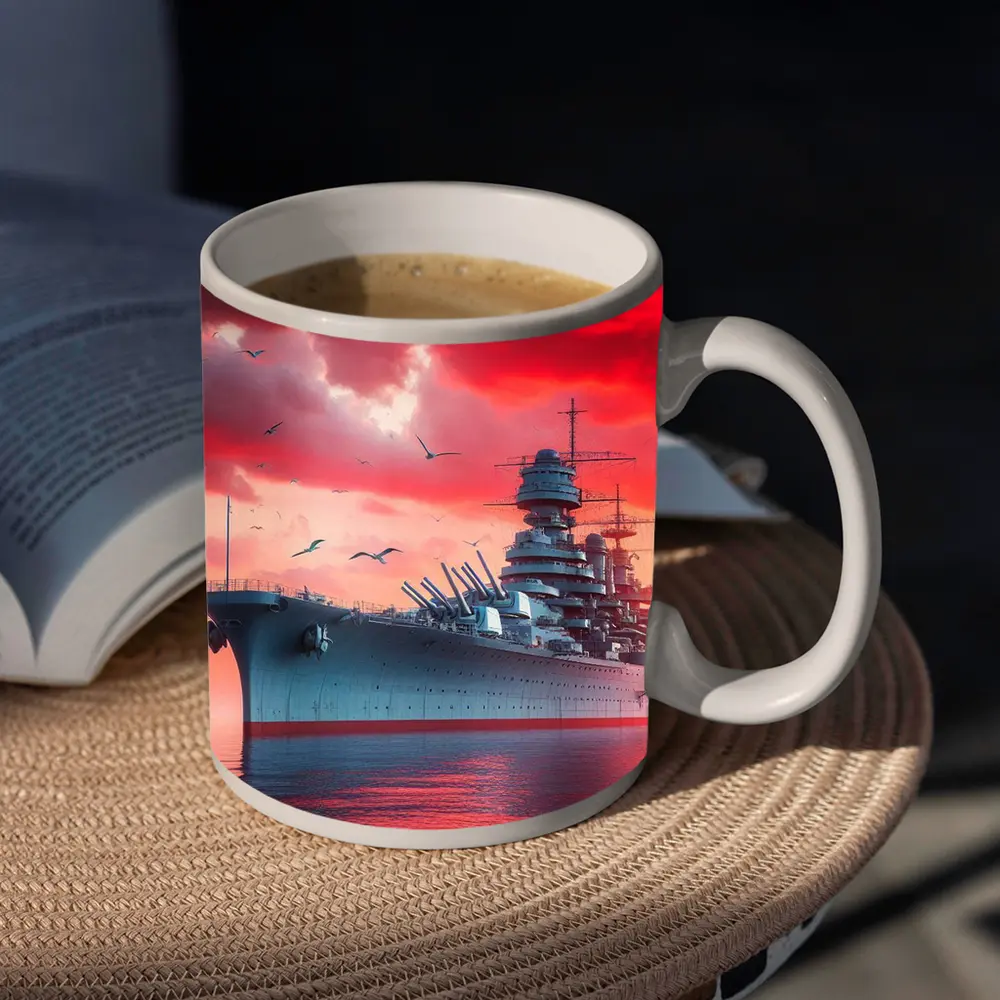 Battleship Warship Red Sky Military Art – Mugs