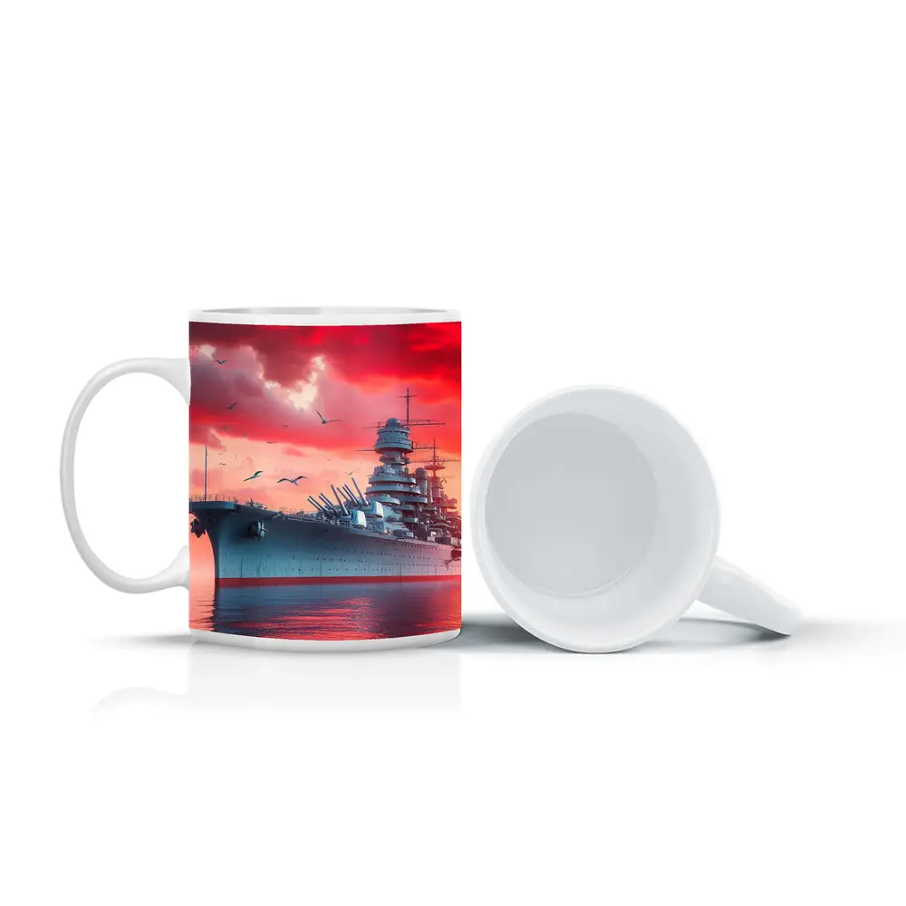 Battleship Warship Red Sky Military Art – Mugs