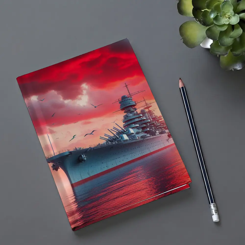Battleship Warship Red Sky Military Art – Notebooks