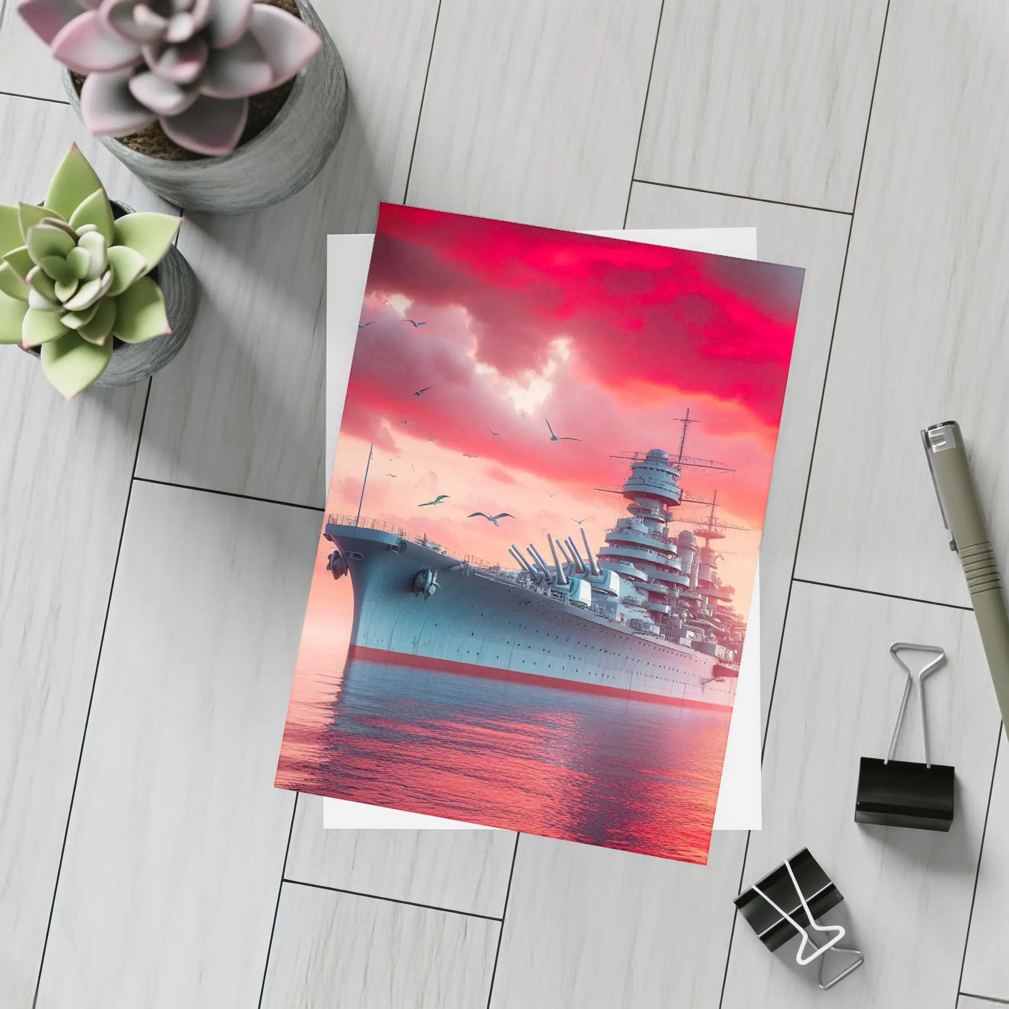 Battleship Warship Red Sky Military Art – Postcards