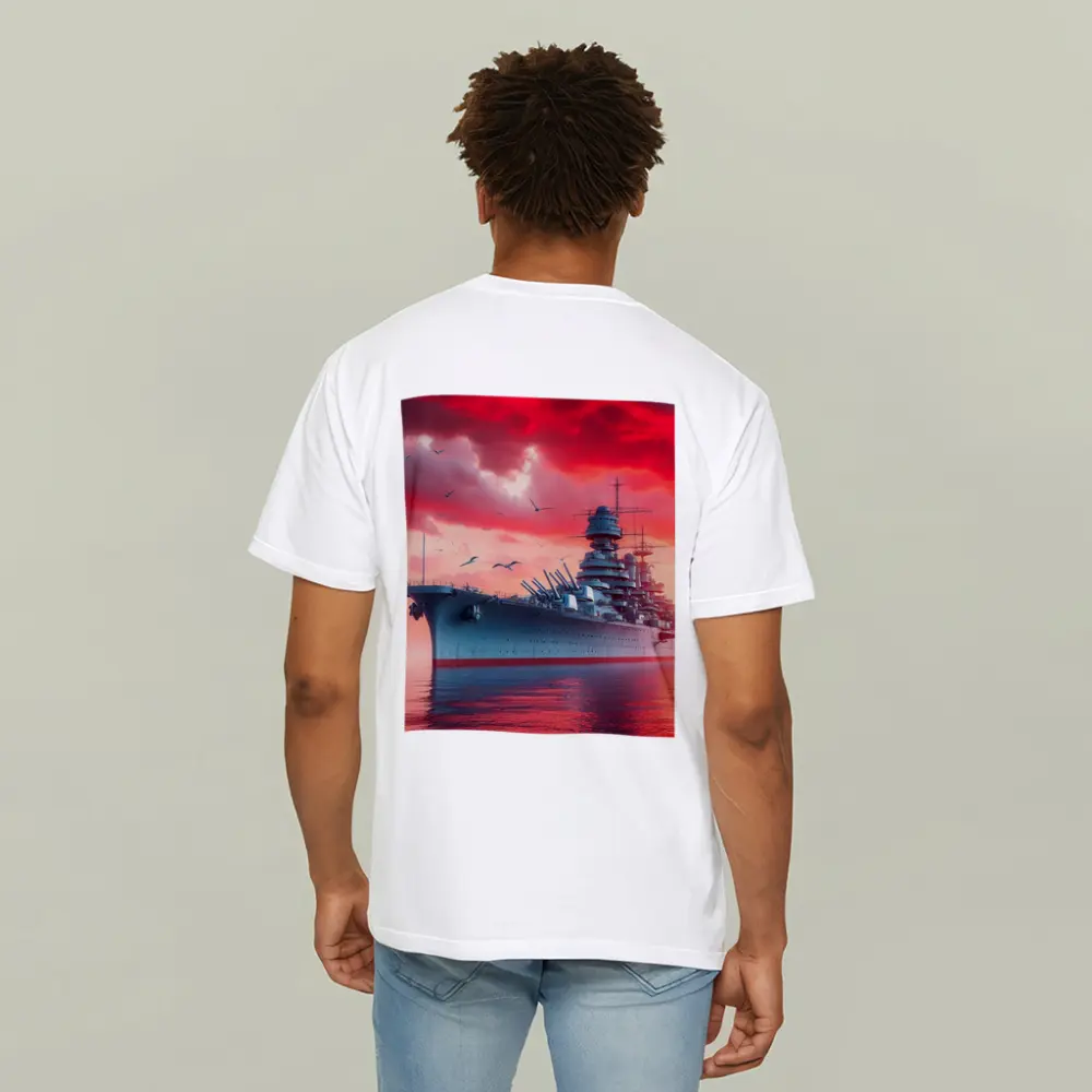 Battleship Warship Red Sky Military Art – T-Shirts