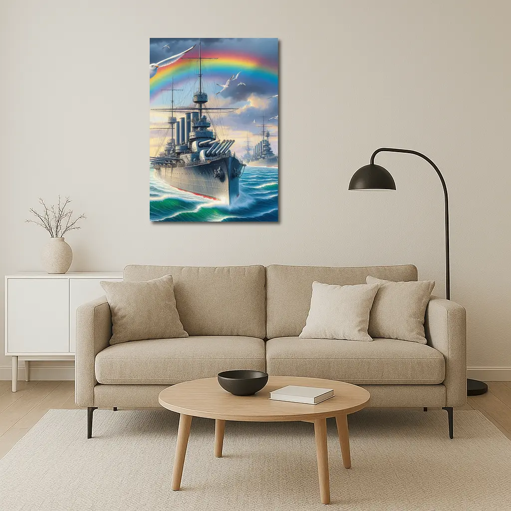 Warships Rainbow Ocean Seagulls Military Art – Wall Art