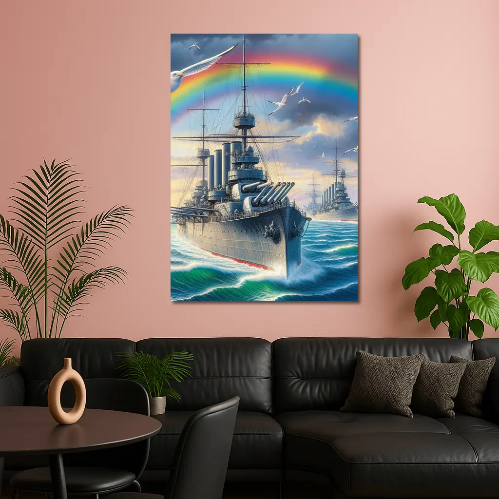 Warships Rainbow Ocean Seagulls Military Art – Wall Art