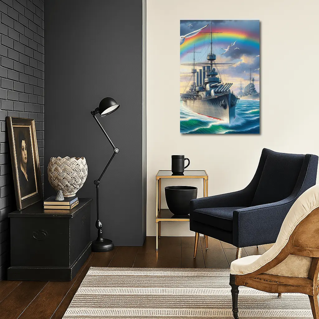 Warships Rainbow Ocean Seagulls Military Art – Wall Art