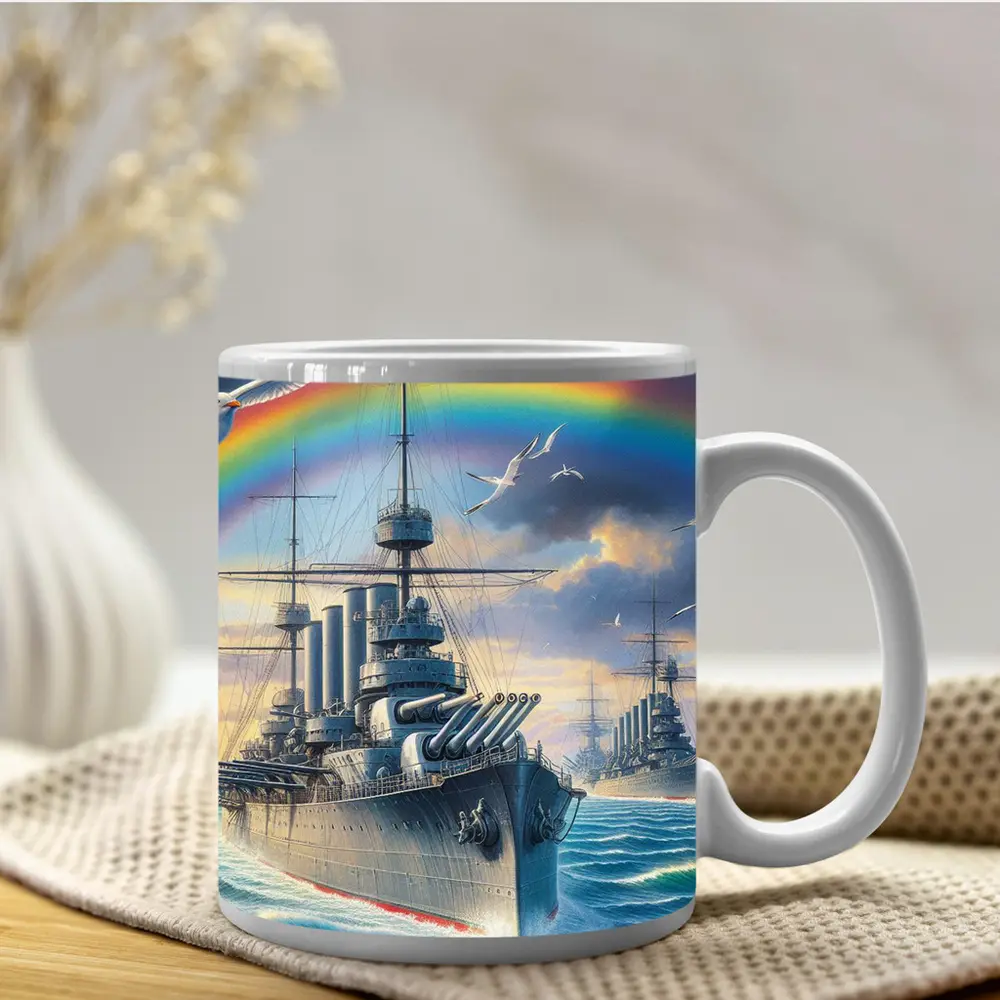 Warships Rainbow Ocean Seagulls Military Art – Mugs