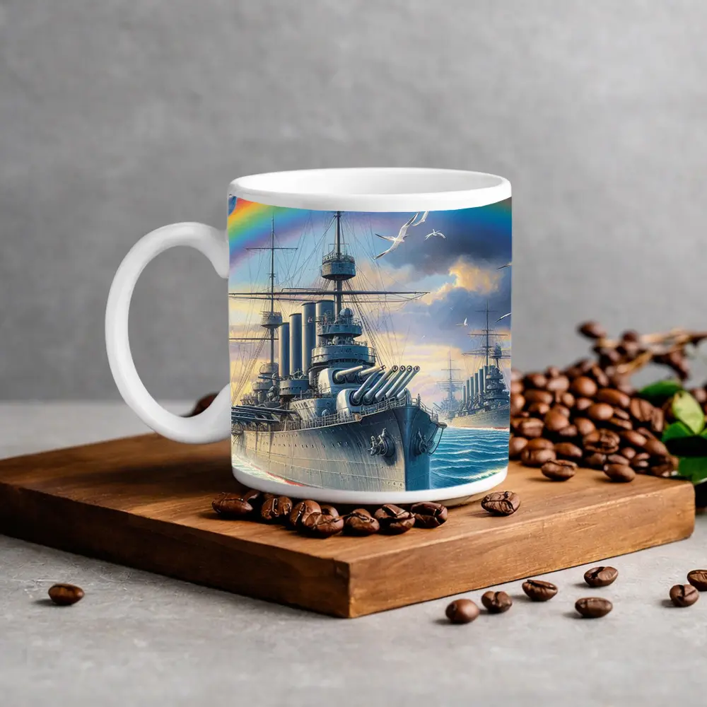 Warships Rainbow Ocean Seagulls Military Art – Mugs