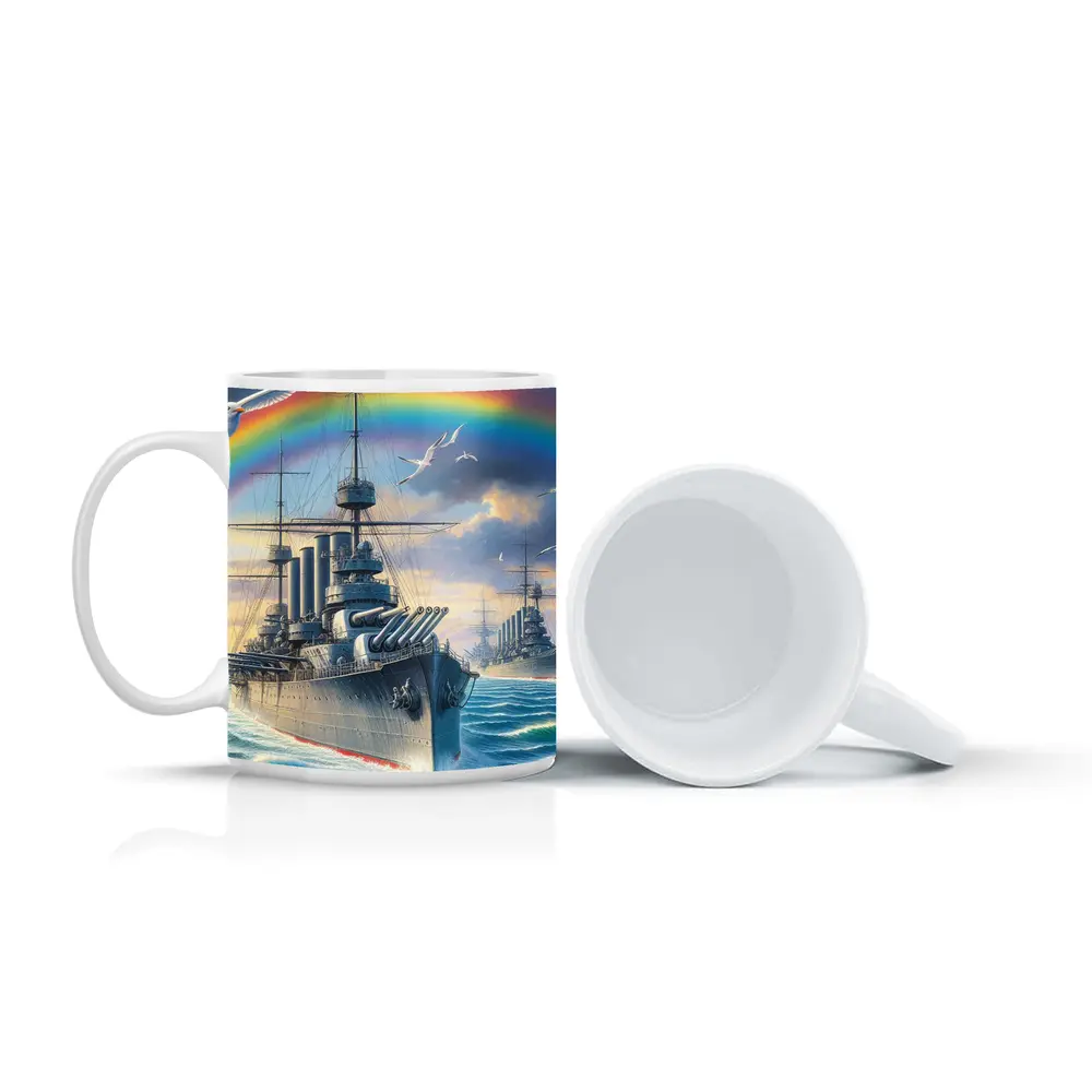 Warships Rainbow Ocean Seagulls Military Art – Mugs