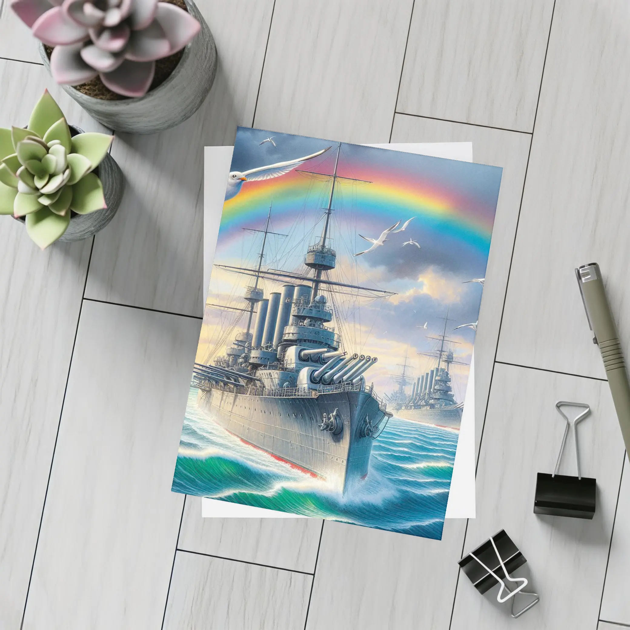Warships Rainbow Ocean Seagulls Military Art – Postcards
