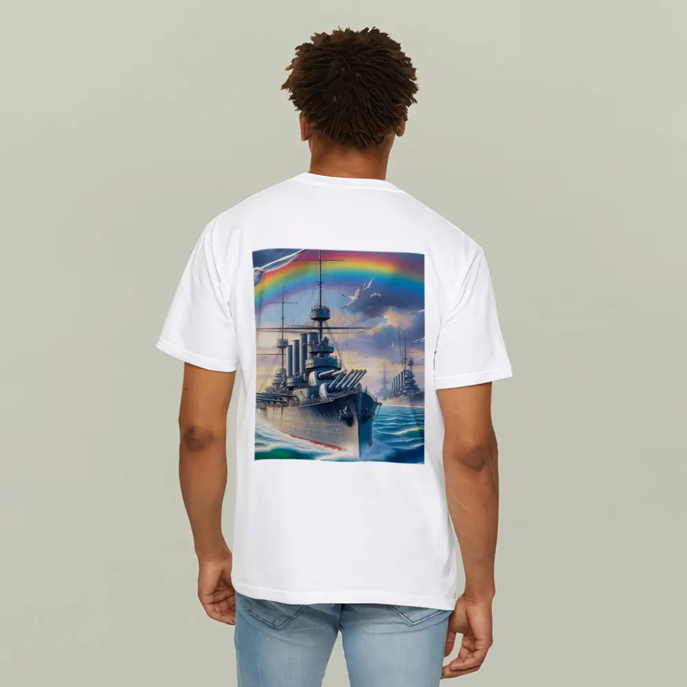 Warships Rainbow Ocean Seagulls Military Art – T-Shirts