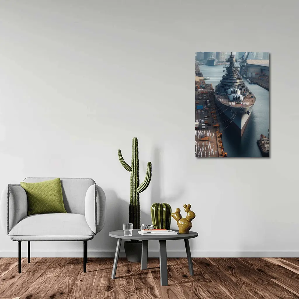 Naval Battleship Docked at Busy Harbor – Wall Art