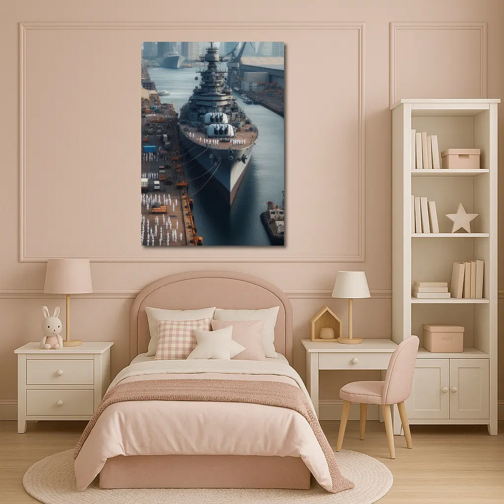 Naval Battleship Docked at Busy Harbor – Wall Art