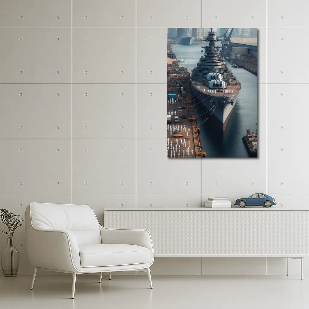 Naval Battleship Docked at Busy Harbor – Wall Art