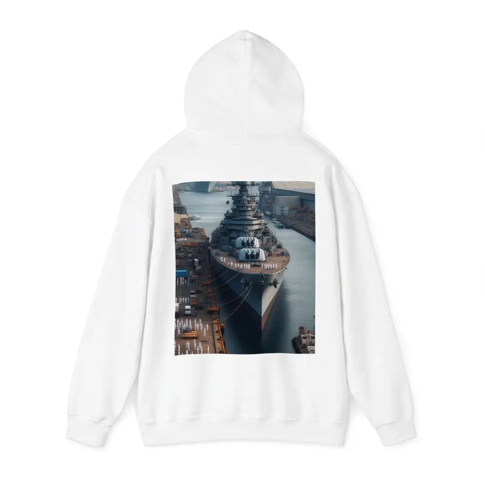 Naval Battleship Docked at Busy Harbor – Hoodies