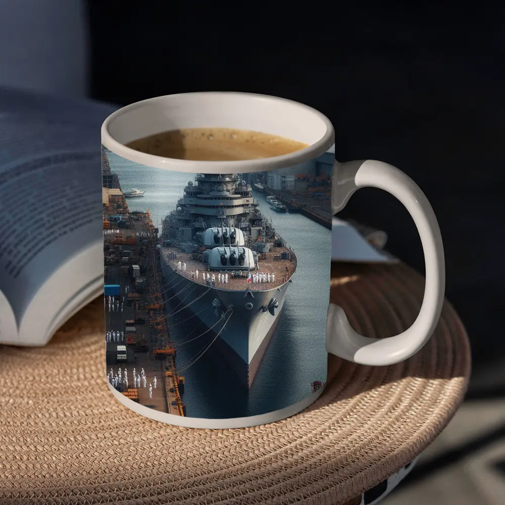 Naval Battleship Docked at Busy Harbor – Mugs