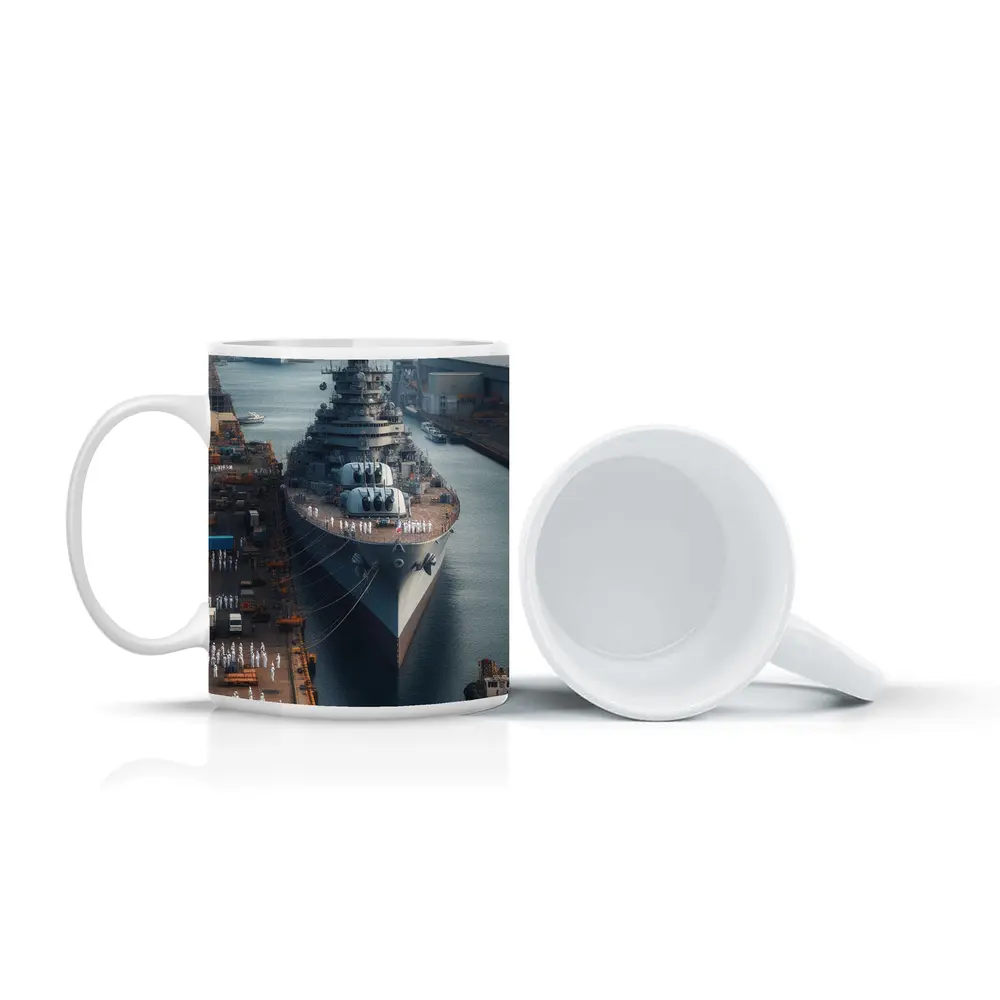 Naval Battleship Docked at Busy Harbor – Mugs