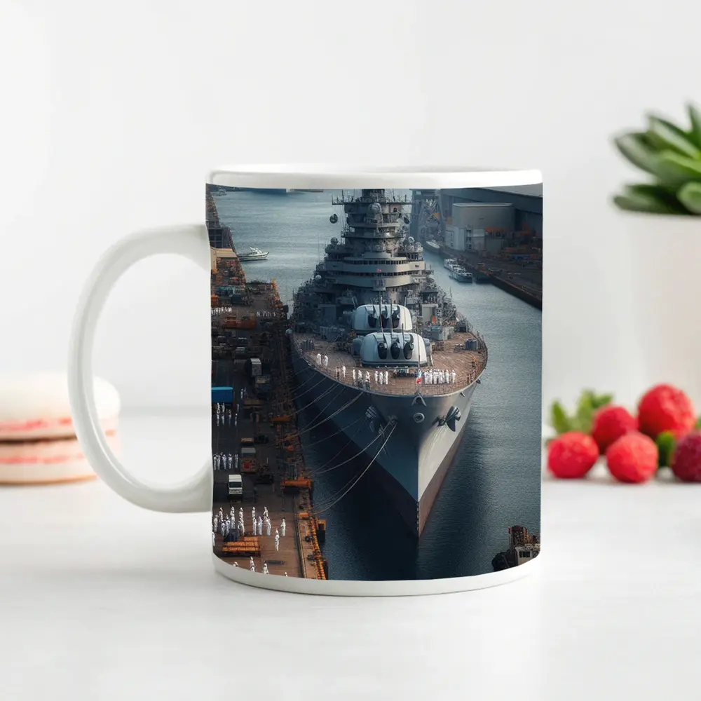 Naval Battleship Docked at Busy Harbor – Mugs