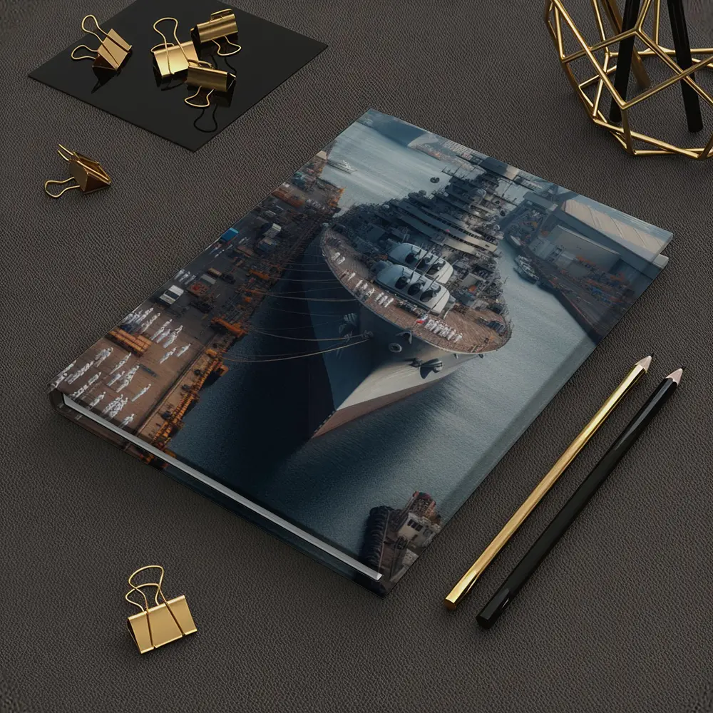 Naval Battleship Docked at Busy Harbor – Notebooks