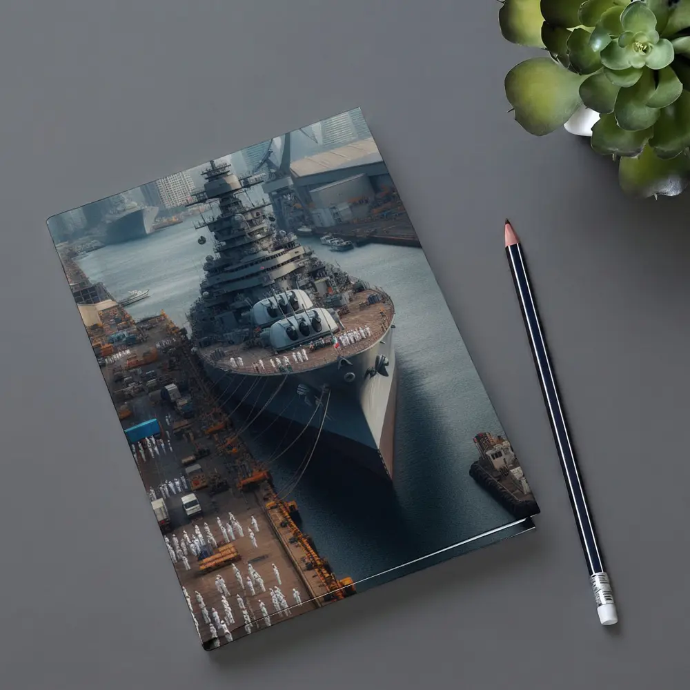 Naval Battleship Docked at Busy Harbor – Notebooks
