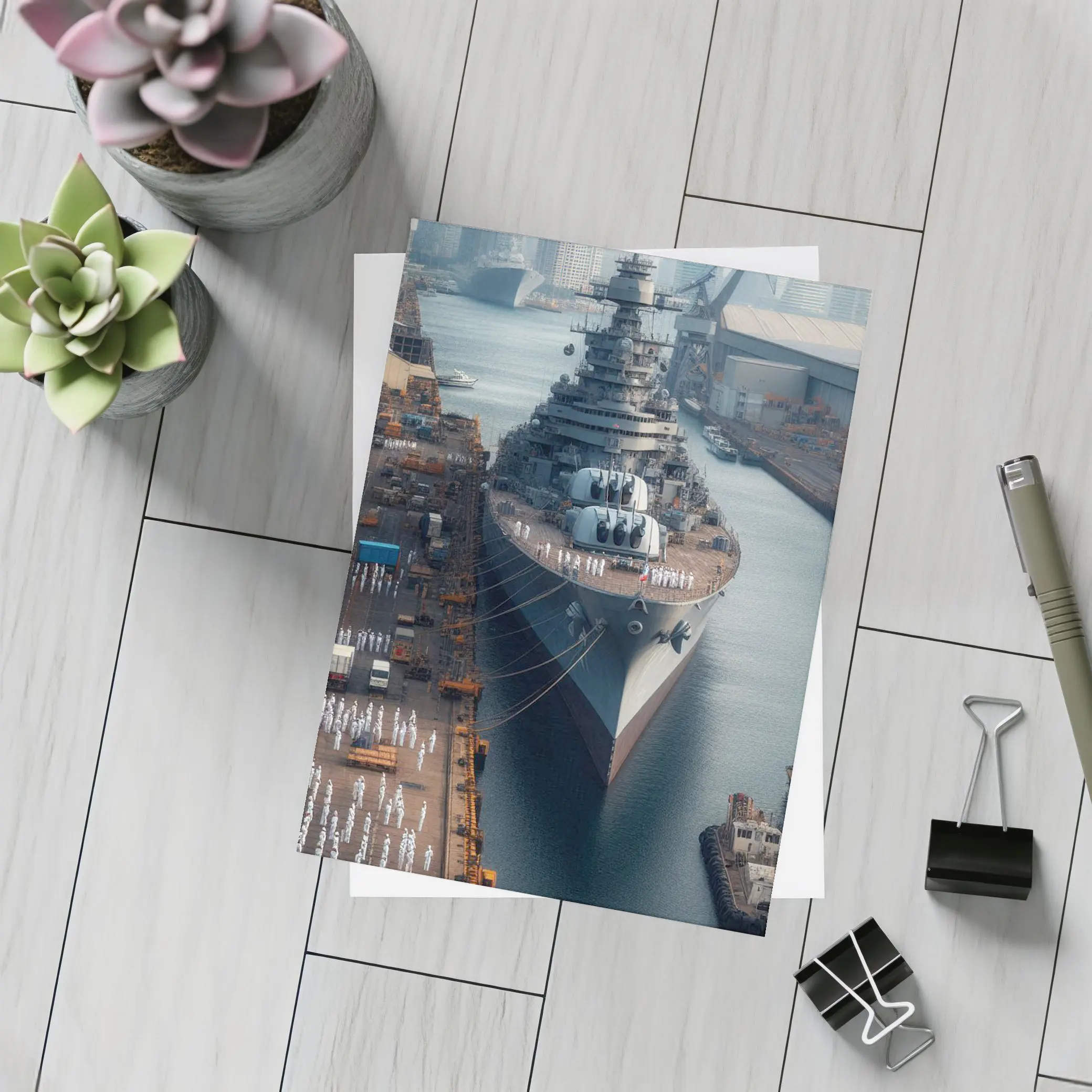 Naval Battleship Docked at Busy Harbor – Postcards