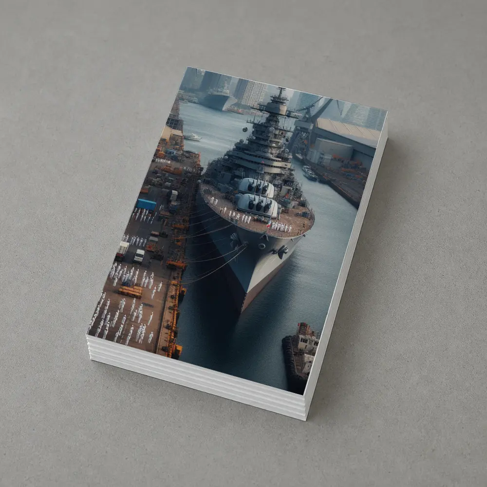Naval Battleship Docked at Busy Harbor – Postcards