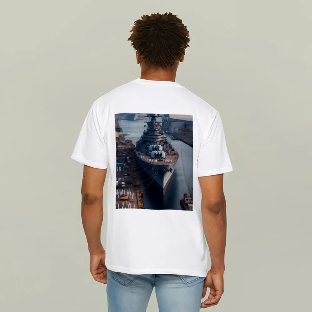 Naval Battleship Docked at Busy Harbor – T-Shirts