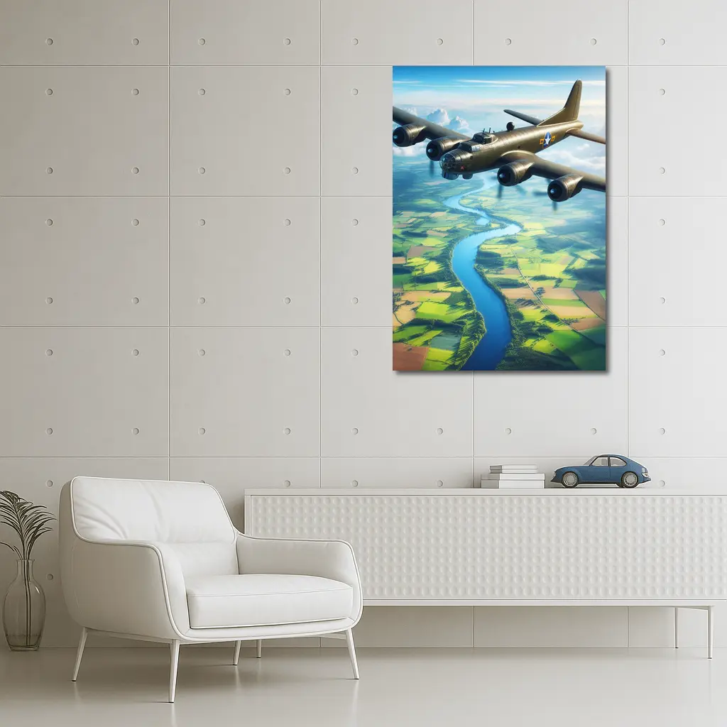 WWII B17 Bomber Flying Over Green Fields – Wall Art