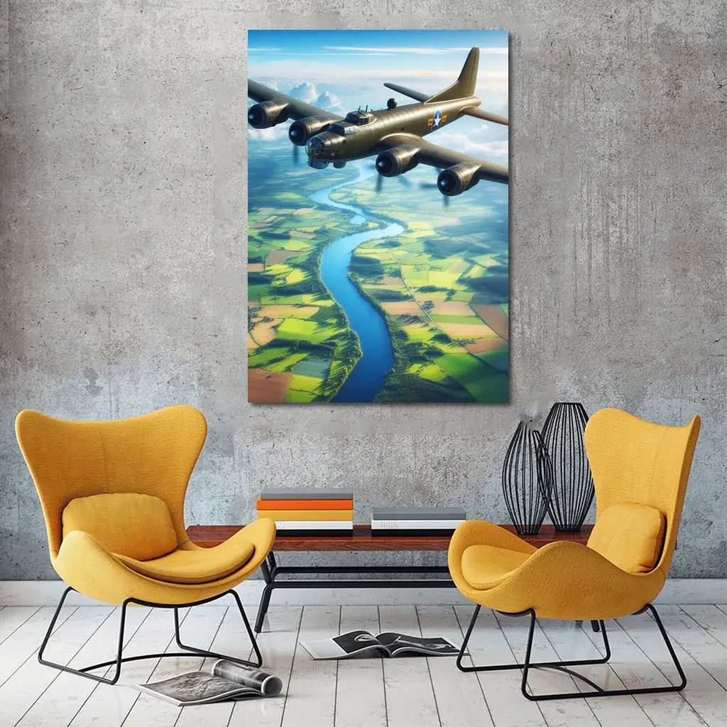 WWII B17 Bomber Flying Over Green Fields – Wall Art