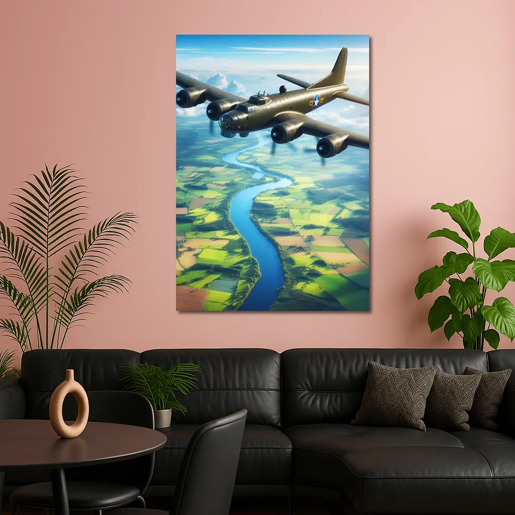 WWII B17 Bomber Flying Over Green Fields – Wall Art
