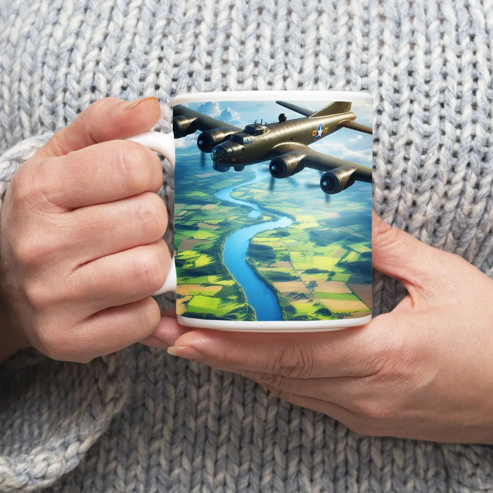 WWII B17 Bomber Flying Over Green Fields – Mugs