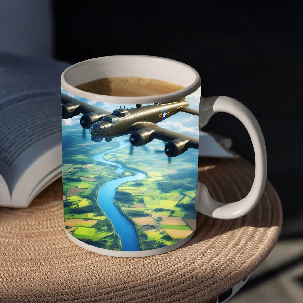 WWII B17 Bomber Flying Over Green Fields – Mugs